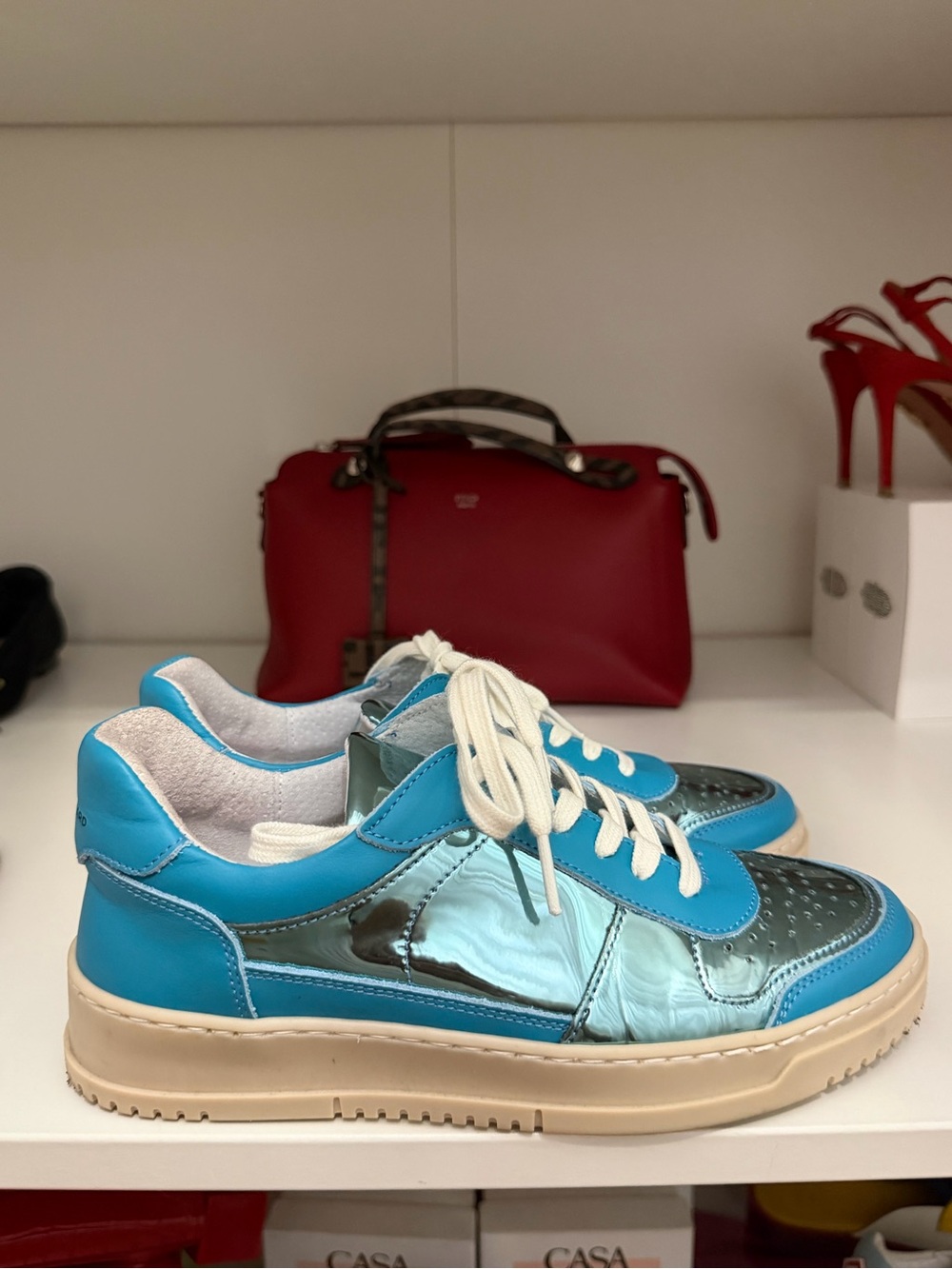 Metallic Aqua Low-Top Sneakers with Cream Sole